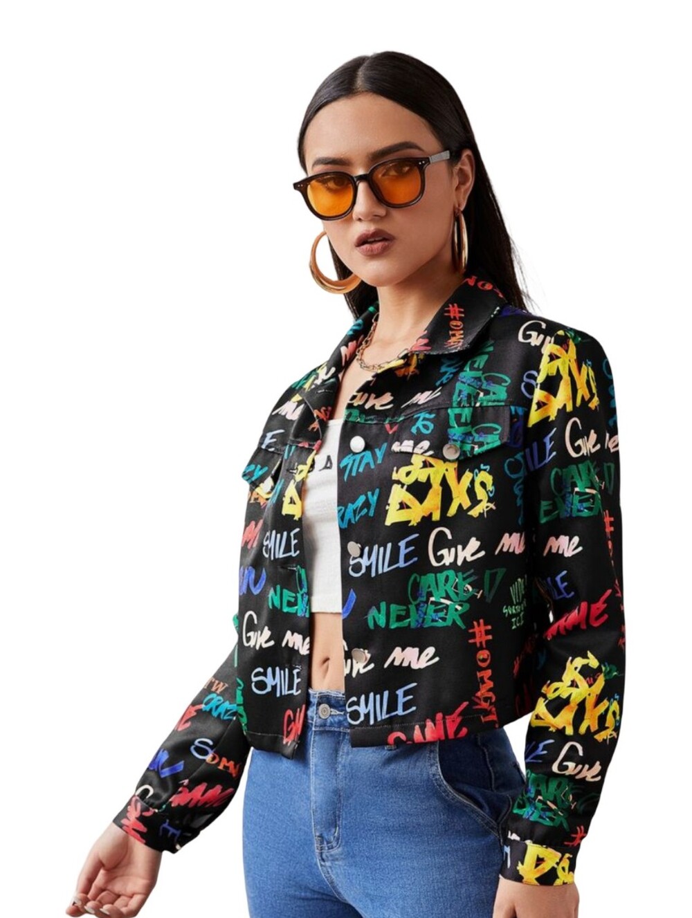 Shein Funky Colorful Graphic Button Front Jacket Streetwear Edgy Vibes Size M